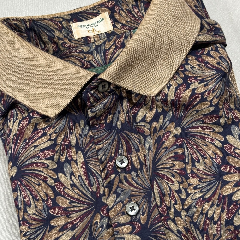 Michael Thomas Polo Shirt Mens Large L Blue Tan Floral Egyptian Cotton Made USA